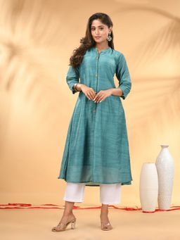 CHARUKRITI - Teal Cotton Solid Handloom A-Line Kurta With Pant (Set of 2)