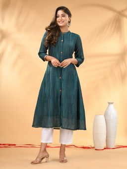 CHARUKRITI - Teal Textured Cotton Handloom A-Line Kurta With Pant (Set of 2)