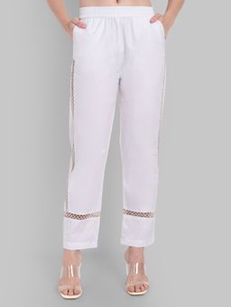 Mera Rang - Classic White Delicate Lace Inlays Straight Fit Pants