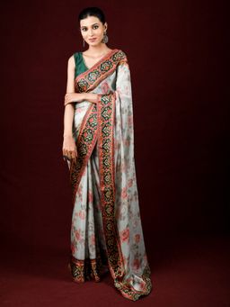 EXCLUSIVA - Green Brasso Digital Print Designer Saree with Unstitched Blouse