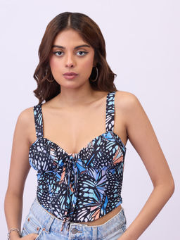 MIXT by Nykaa Fashion - Black Floral Printed Fitted Strappy Corset Top