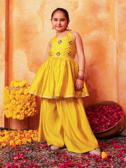 Lil Pitaara - Girls Silk Woven Embroidered Top and Flared Palazzo Sleeveless Set -Yellow