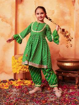 Lil Pitaara - Pure Cotton Girls Afghani Salwar set - Green