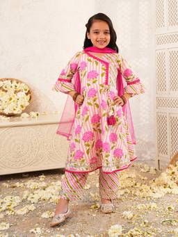 Lil Pitaara - Pure Cotton Girls Anarkali top With Pant and Dupatta Set - Pink