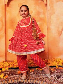 Lil Pitaara - Pure Cotton Girls Afghani Salwar Set - Red
