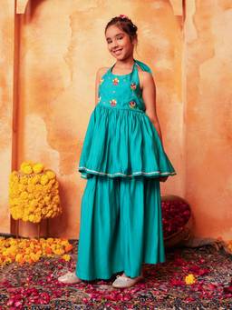 Lil Pitaara - Girls Silk Woven Embroidered Top and Flared Palazzo Sleeveless Set -Green