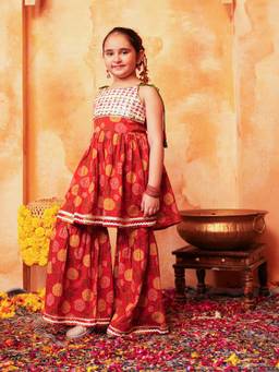 Lil Pitaara - Pure Cotton Girls Kurti Sharara Set - Red