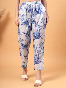 RAASSIO - White Women Tropical Printed Pant with Pockets