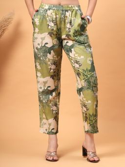 RAASSIO - Green Women Tropical Printed Pant with Pockets