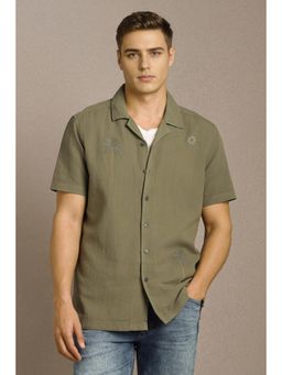 Louis Philippe - Men Olive Embroidered Half Sleeves Casual Shirt