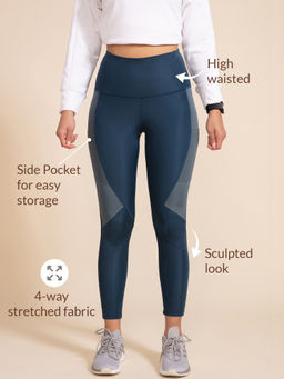 Nykd by Nykaa - Nykd All Day High rise Color Block Breathable Leggings-NYK029-French Navy+Pewter