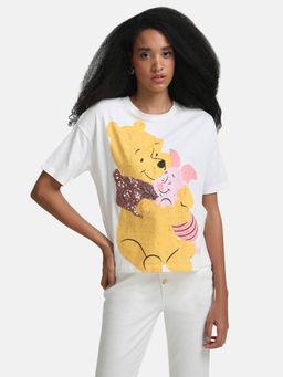 Kazo - Off White Winnie The Pooh Disney T-Shirt with Sequin Work