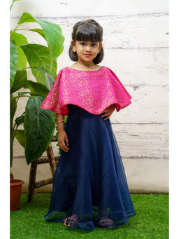 Baby Zi - Blue Organza Dress With Pink Banaras Cape