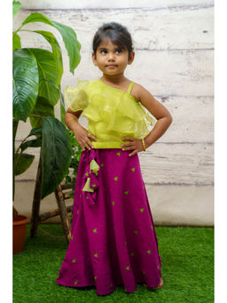 Baby Zi - Green Organza Layered Crop Top & Purple Dupion Skirt (Set of 2)