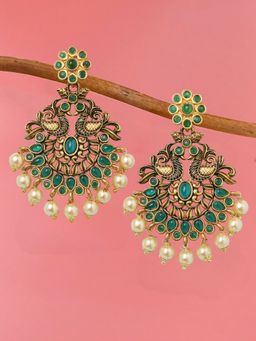 OOMPH - Green Kemp Stone & Pearls Peacock Design Chandbali Earrings For Women & Girls