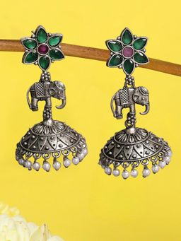 OOMPH - Oxidised Silver Green & Red Elephant Design Ethnic Jhumka Earrings