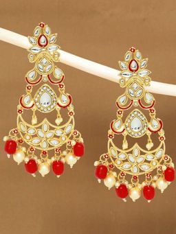 OOMPH - Red Meenakari & Kundan Pearls Long Ethnic Floral Drop Earrings