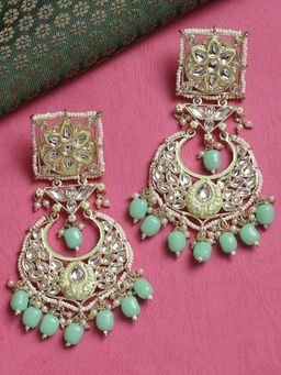 OOMPH - Green Kundan & Pearls Floral Large Ethnic Drop Earring For Women & Girls