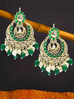 OOMPH - Green Stones & Kundan Large Ethnic Chandbali Earrings For Women & Girls