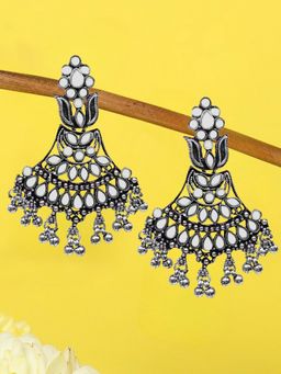OOMPH - Oxidised Silver Mirror Kundan Floral Ethnic Drop Earrings For Women & Girls