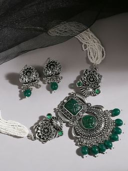 OOMPH - Oxidised Silver Tone Green Jaipur Stones Ethnic Necklace Set with Drop Earrings