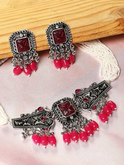 OOMPH - Oxidised Silver Tone Maroon Jaipur Stones Choker Necklace Set with Drop Earrings