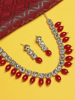 OOMPH - Red Maroon Beads & Kundan Ethnic Necklace Set with Drop Earrings