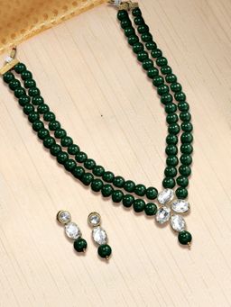 OOMPH - Green Beads & Kundan Ethnic Mala Long Necklace Set with Drop Earrings