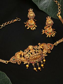 OOMPH - Antique Gold Tone Red & Green Stone & Beads Choker Necklace Set with Earrings