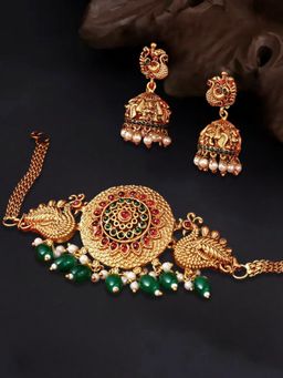 OOMPH - Antique Gold Tone Red & Green Stone & Beads Choker Necklace Set with Earrings