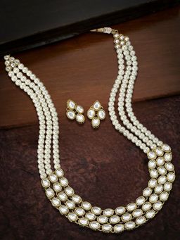 OOMPH - White Pearls & Kundan Ethnic Mala Long Necklace Set with Drop Earrings