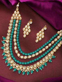 OOMPH - Green Kundan & Pearls Heavy Multi Layer Mala Long Necklace Set with Earrings