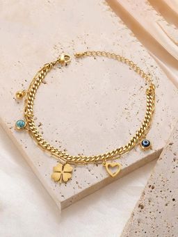 Designs & You - Gold Plated Stainless Steel Anti Tarnish Clover Themed Evil Eye Wraparound Bracelet