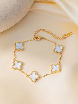 Designs & You - Women Stainless Steel Gold-Plated White Clover Link Bracelet