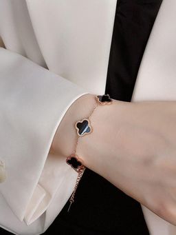 Designs & You - Women Stainless Steel Rose Gold-Plated Black Clover Link Bracelet