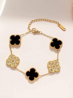 Designs & You - Women Stainless Steel Gold-Plated Ad Studded Black Clover Link Bracelet