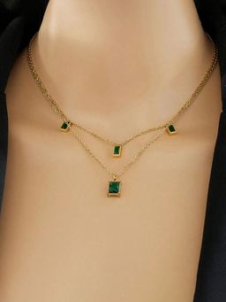 Designs & You - Gold Plated Anti Tarnish Stainless Steel Green Cz Studded Geometric Layered Necklace
