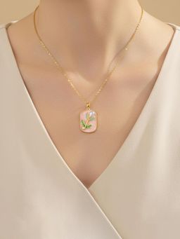 Designs & You - Gold-Plated Enamelled Pink Floral Themed Necklace