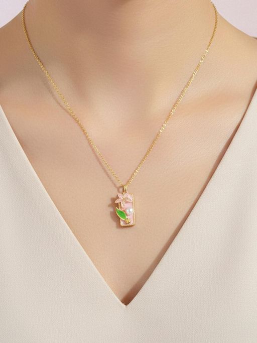Designs & You Gold-Plated Enamelled Pink Floral Themed Necklace