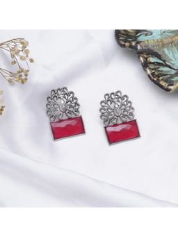 BeAbhika - Oxidised Peacock Design Earrings with Pink Faceted Stone
