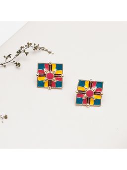 BeAbhika - Handcrafted Colour-Block Square Studs with Leaf Motif Centre