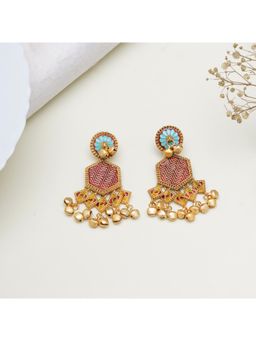BeAbhika - Gold-Toned Boho Hexagon Earrings with Red Enamel and Ghungroo