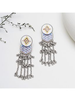 BeAbhika - Bohemian Enamel Oval Dangler Earrings with Silver Bead Chains
