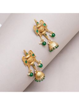 BeAbhika - Handcrafted Green Bead Jhumka Earrings with Carved Top and Fish Motifs