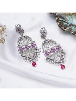 BeAbhika - Antique Silver Peacock Drop Earrings with Purple Stone and Pearl Cluster