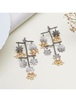 BeAbhika - Oxidised Multi-Layered Flower Earrings with Kundan Teardrop and Pearls
