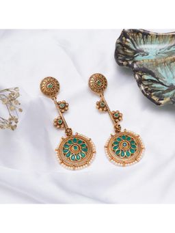 BeAbhika - Traditional Gold and Green Enamel Round Dangler Earrings