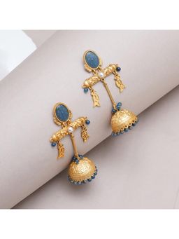BeAbhika - Gold-Toned Blue Stone Jhumka Earrings with Fish Charms