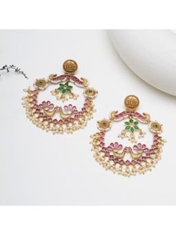 BeAbhika - Gold-Toned Peacock Chandbali Earrings with Pink Stones and Pearl Drops