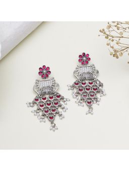 BeAbhika - Handcrafted Oxidised Earrings with Pink Enamel and Layered Pearl Tassels